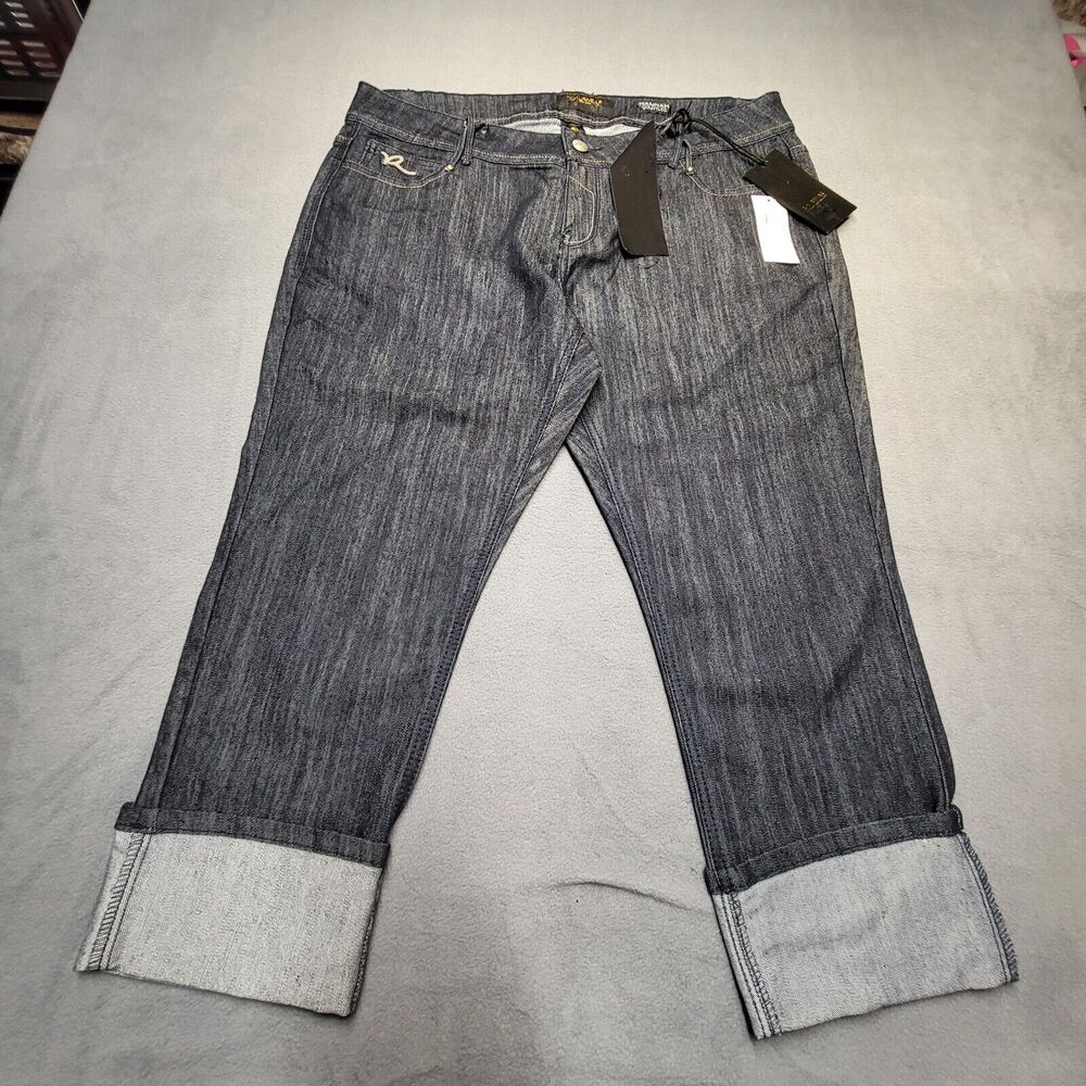 NWT Rocawear Jeans Womens 18 Indigo Capri Cuffed Distressed Stretch Denim